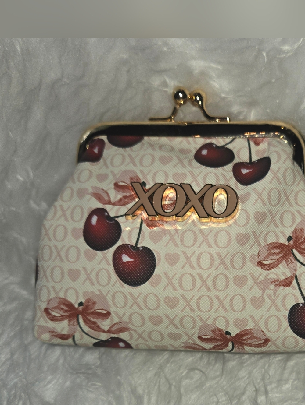 XOXO Cream Cherry Kiss-Lock Coin Purse with Gold Logo Mother's Day Gift